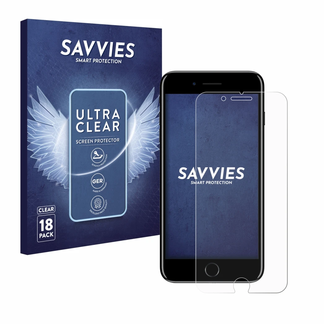 Face avant d’un emballage produit avec le logo de la marque Savvies. À côté, l’appareil Apple iPhone 7 Plus est représenté ave