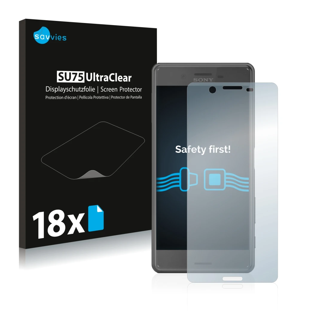 Face avant d’un emballage produit avec le logo de la marque Savvies. À côté, l’appareil Sony Xperia X Performance est représen