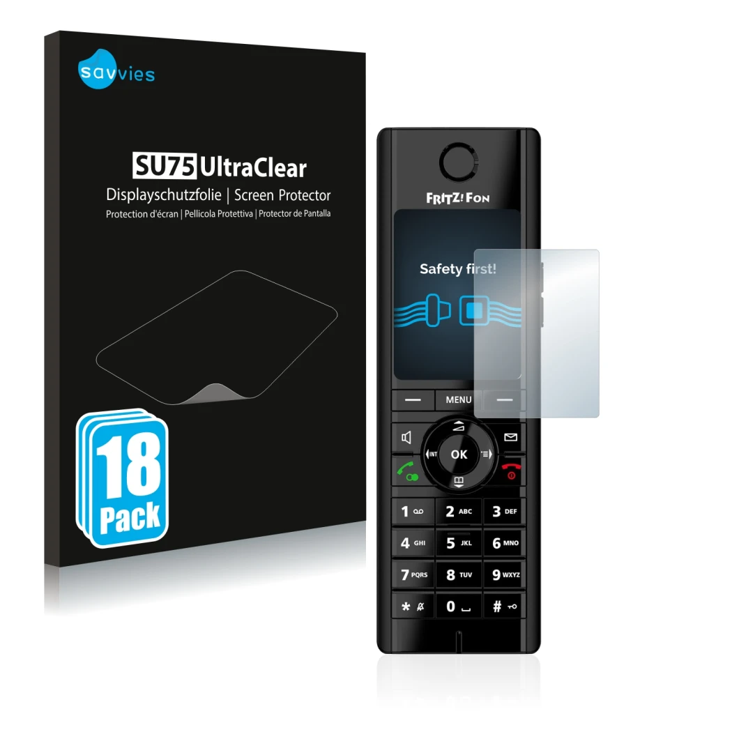 Face avant d’un emballage produit avec le logo de la marque Savvies. À côté, l’appareil AVM Fritz!Fon C5 est représenté avec l
