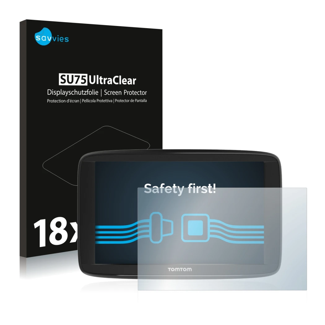 Face avant d’un emballage produit avec le logo de la marque Savvies. À côté, l’appareil TomTom Start 62 est représenté avec la