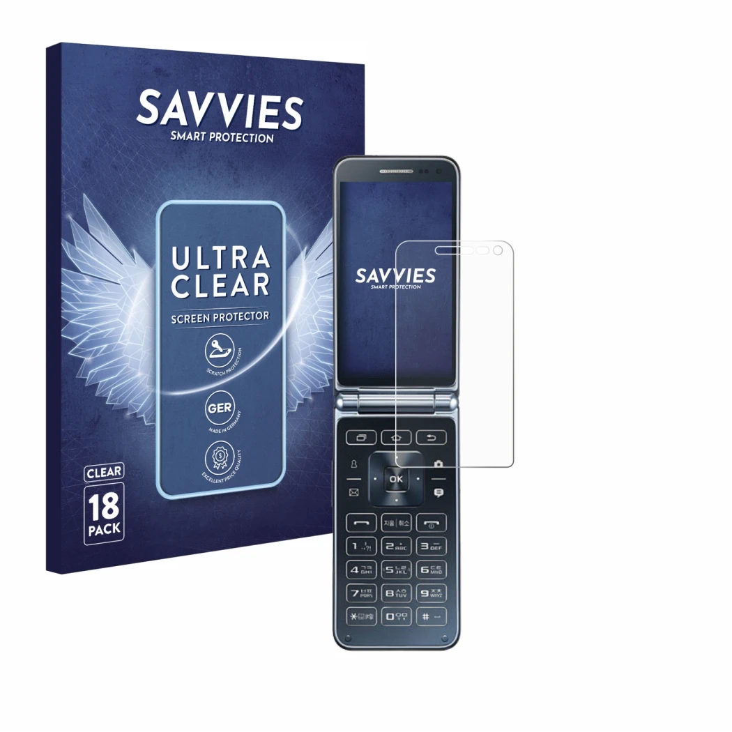 Face avant d’un emballage produit avec le logo de la marque Savvies. À côté, l’appareil Samsung Galaxy Folder 2 est représenté