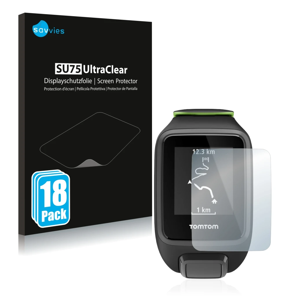 Face avant d’un emballage produit avec le logo de la marque Savvies. À côté, l’appareil TomTom Runner 3 est représenté avec la