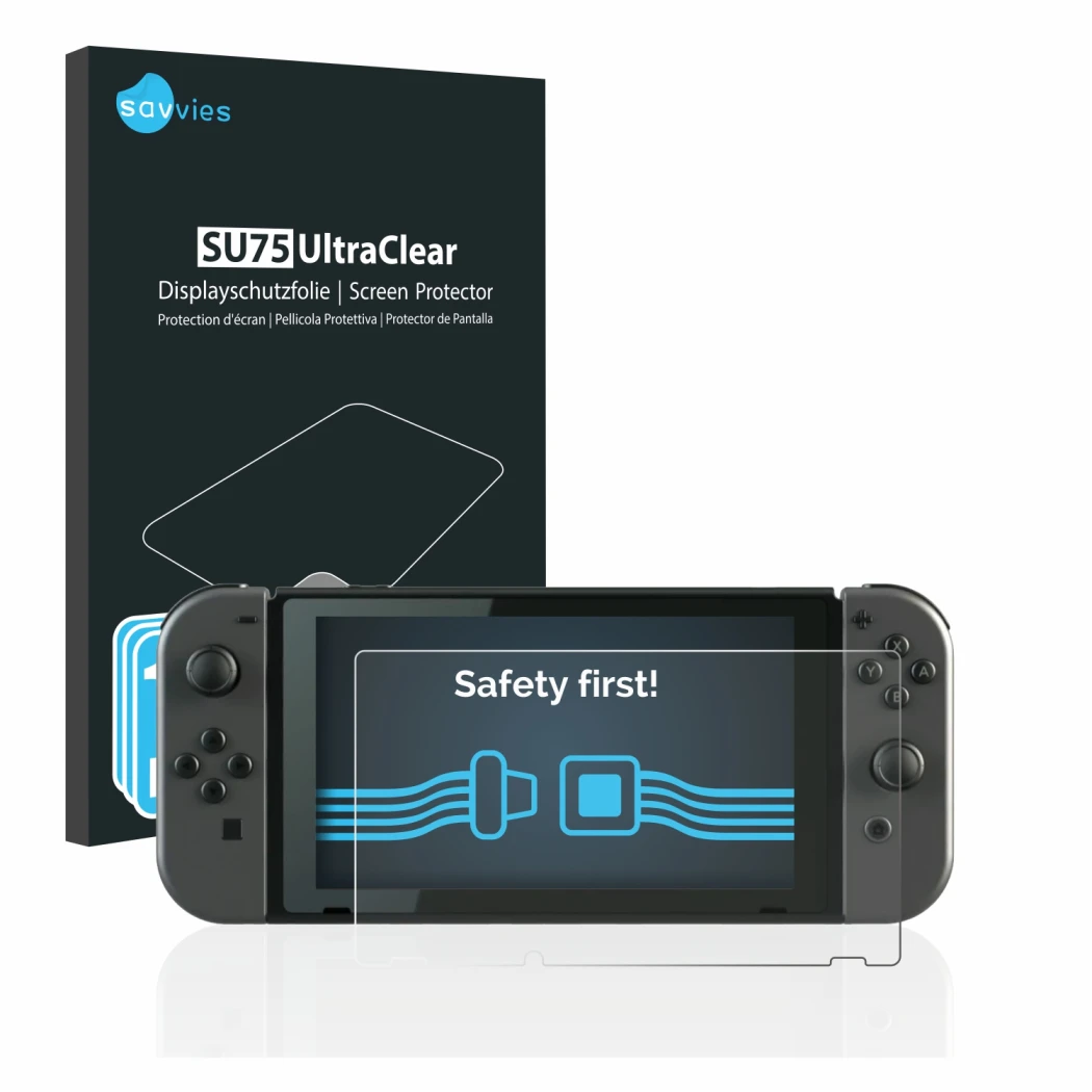 Face avant d’un emballage produit avec le logo de la marque Savvies. À côté, l’appareil Nintendo Switch est représenté avec la