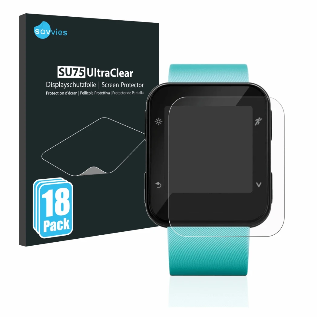 Face avant d’un emballage produit avec le logo de la marque Savvies. À côté, l’appareil Garmin Forerunner 35 est représenté av