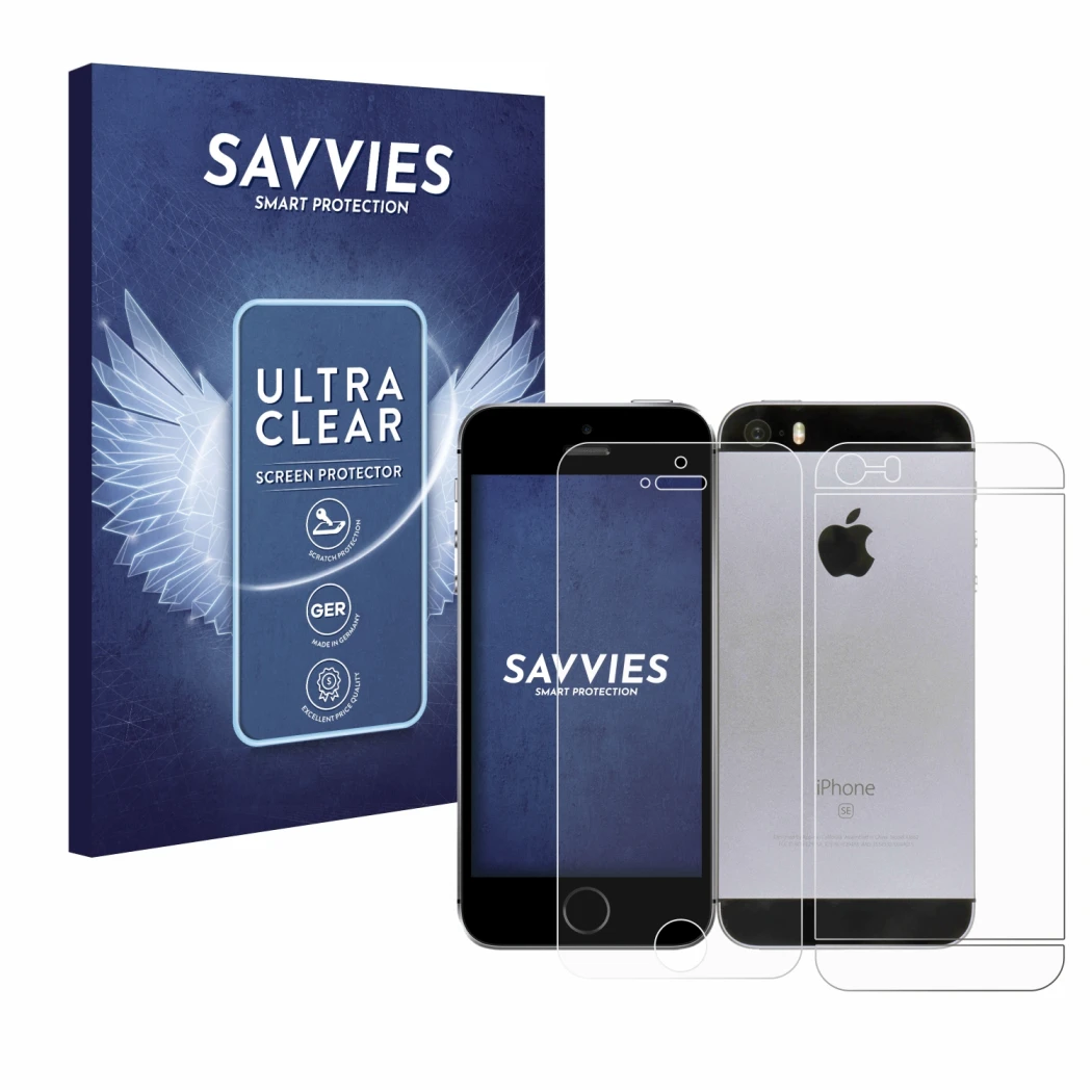 Face avant d’un emballage produit avec le logo de la marque Savvies. À côté, l’appareil Apple iPhone SE 2016 (Avant+Arrière) e