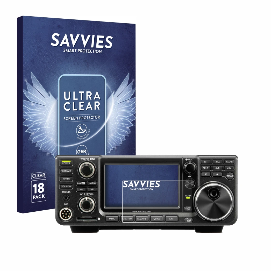 Face avant d’un emballage produit avec le logo de la marque Savvies. À côté, l’appareil Icom IC-7300 est représenté avec la pr