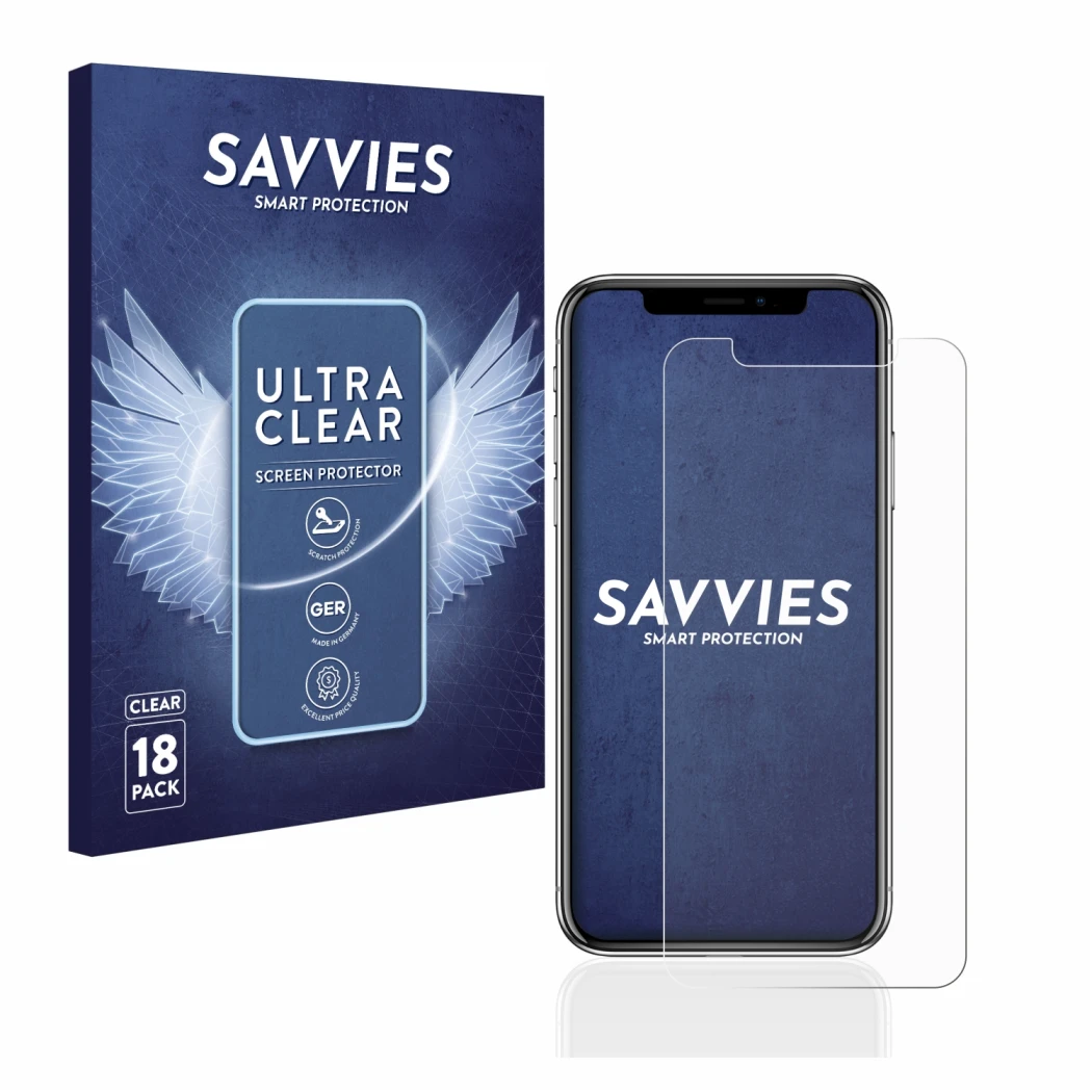 Face avant d’un emballage produit avec le logo de la marque Savvies. À côté, l’appareil Apple iPhone X est représenté avec la 