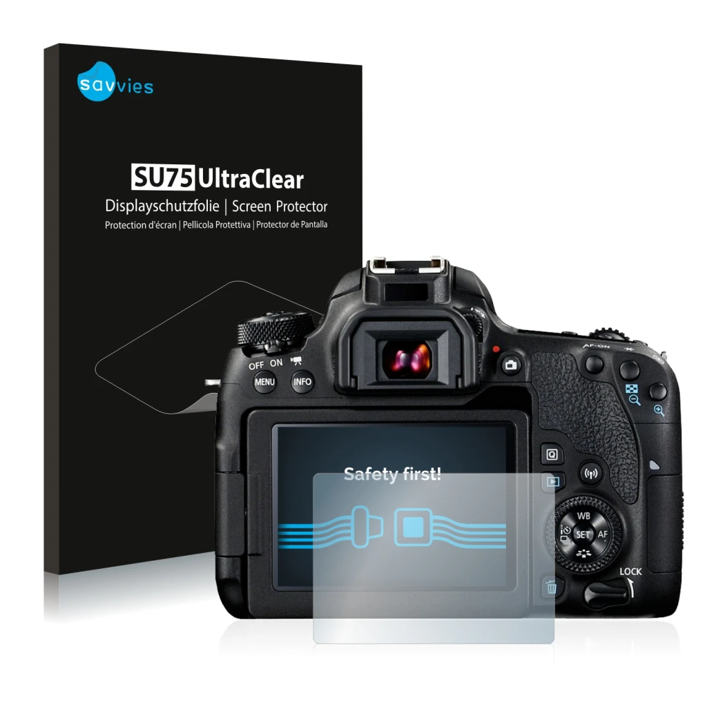 Face avant d’un emballage produit avec le logo de la marque Savvies. À côté, l’appareil Canon EOS 77D est représenté avec la p