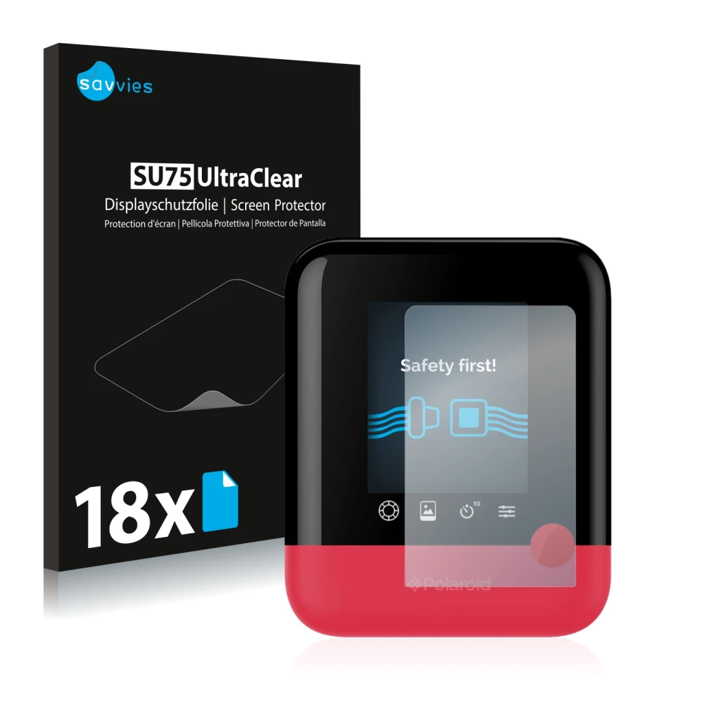 Face avant d’un emballage produit avec le logo de la marque Savvies. À côté, l’appareil Polaroid Pop est représenté avec la pr