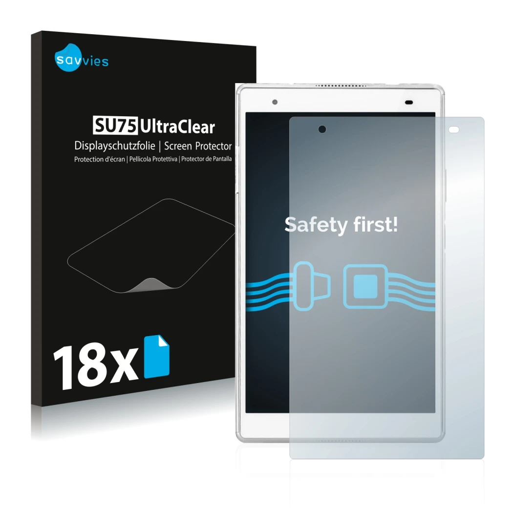 Face avant d’un emballage produit avec le logo de la marque Savvies. À côté, l’appareil Lenovo Tab 4 8 Plus est représenté ave