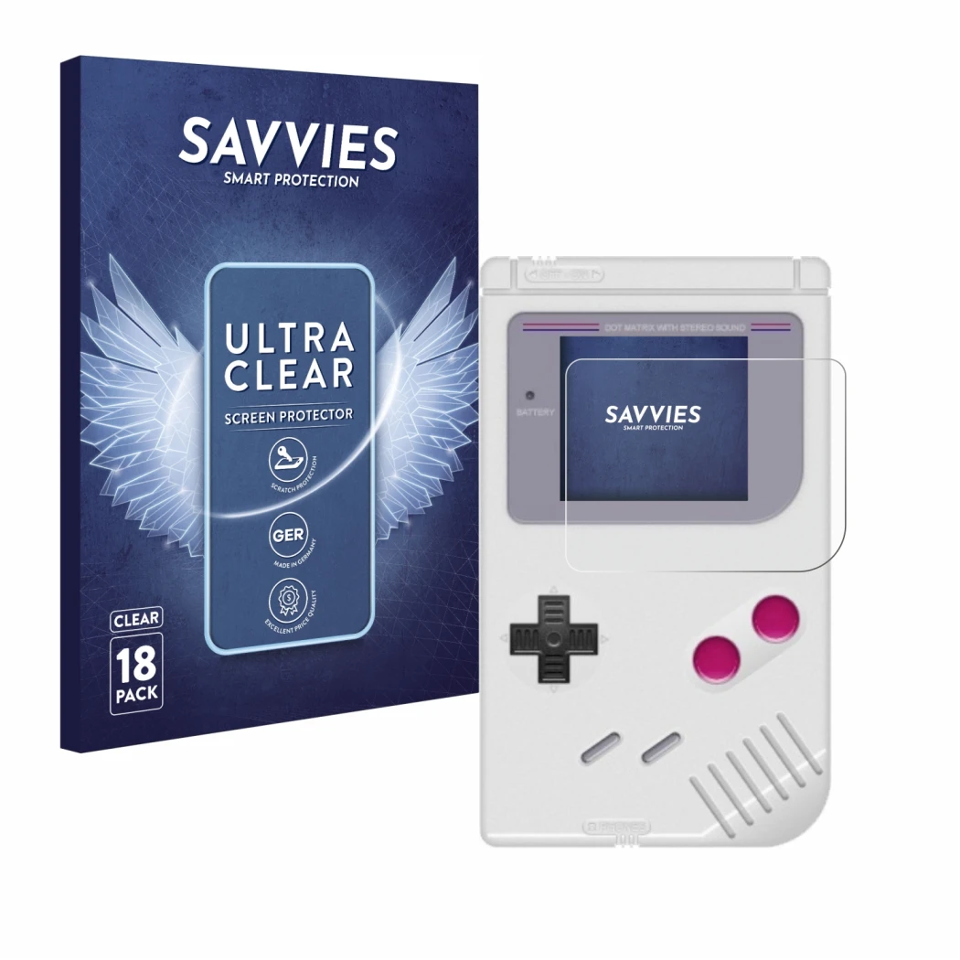 Face avant d’un emballage produit avec le logo de la marque Savvies. À côté, l’appareil Nintendo Gameboy (1989) est représenté