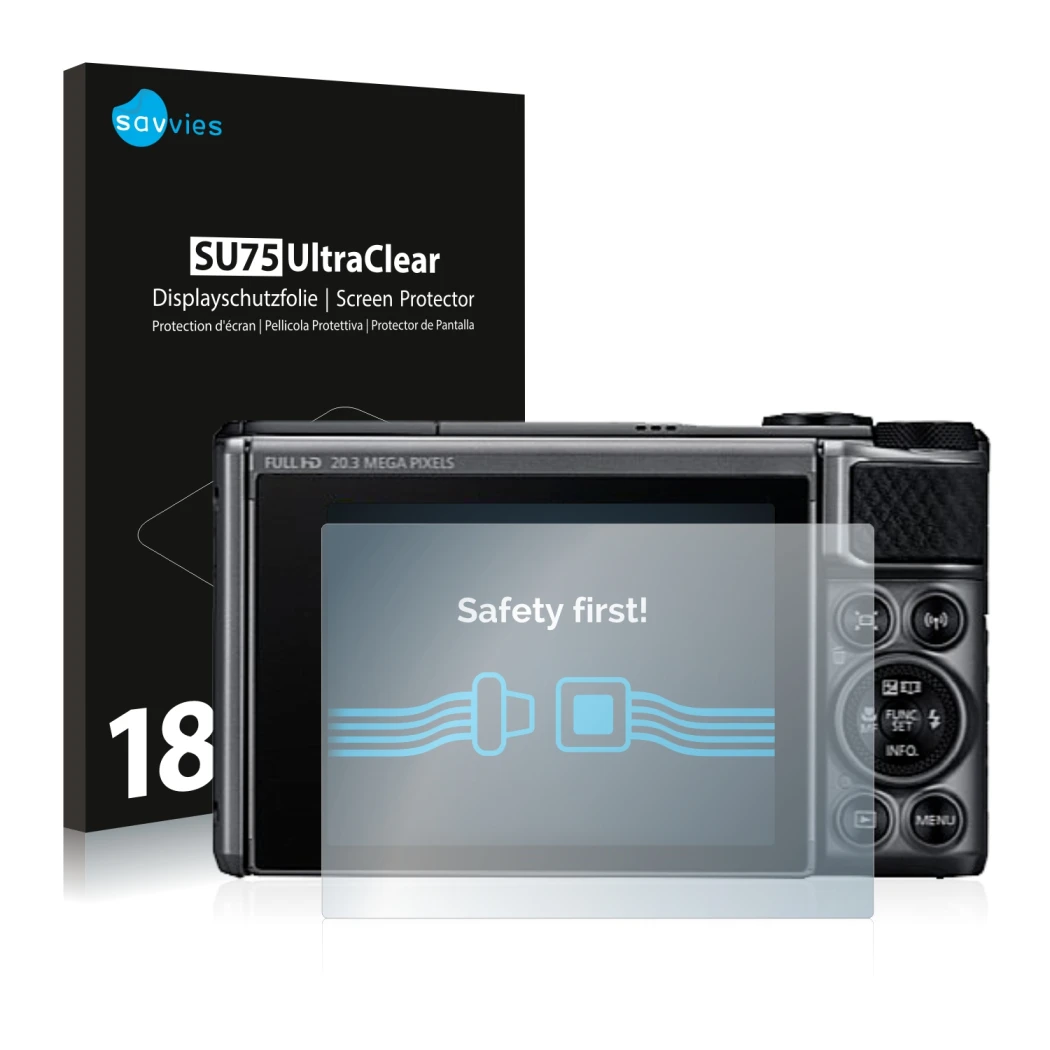 Face avant d’un emballage produit avec le logo de la marque Savvies. À côté, l’appareil Canon PowerShot SX730 HS est représent