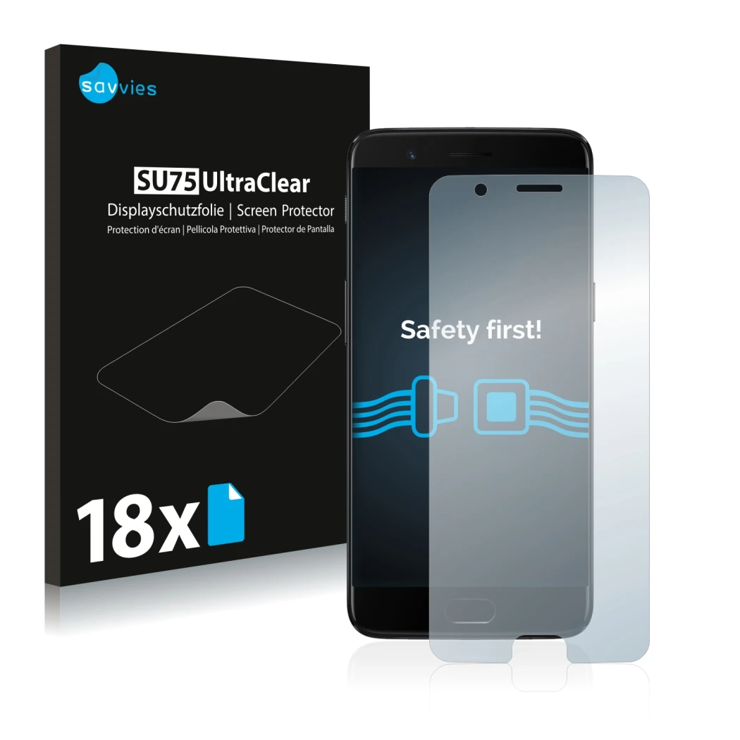 Face avant d’un emballage produit avec le logo de la marque Savvies. À côté, l’appareil OnePlus 5 est représenté avec la prote