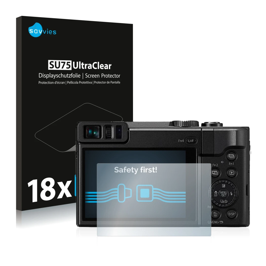 Face avant d’un emballage produit avec le logo de la marque Savvies. À côté, l’appareil Panasonic Lumix DC-TZ91 est représenté