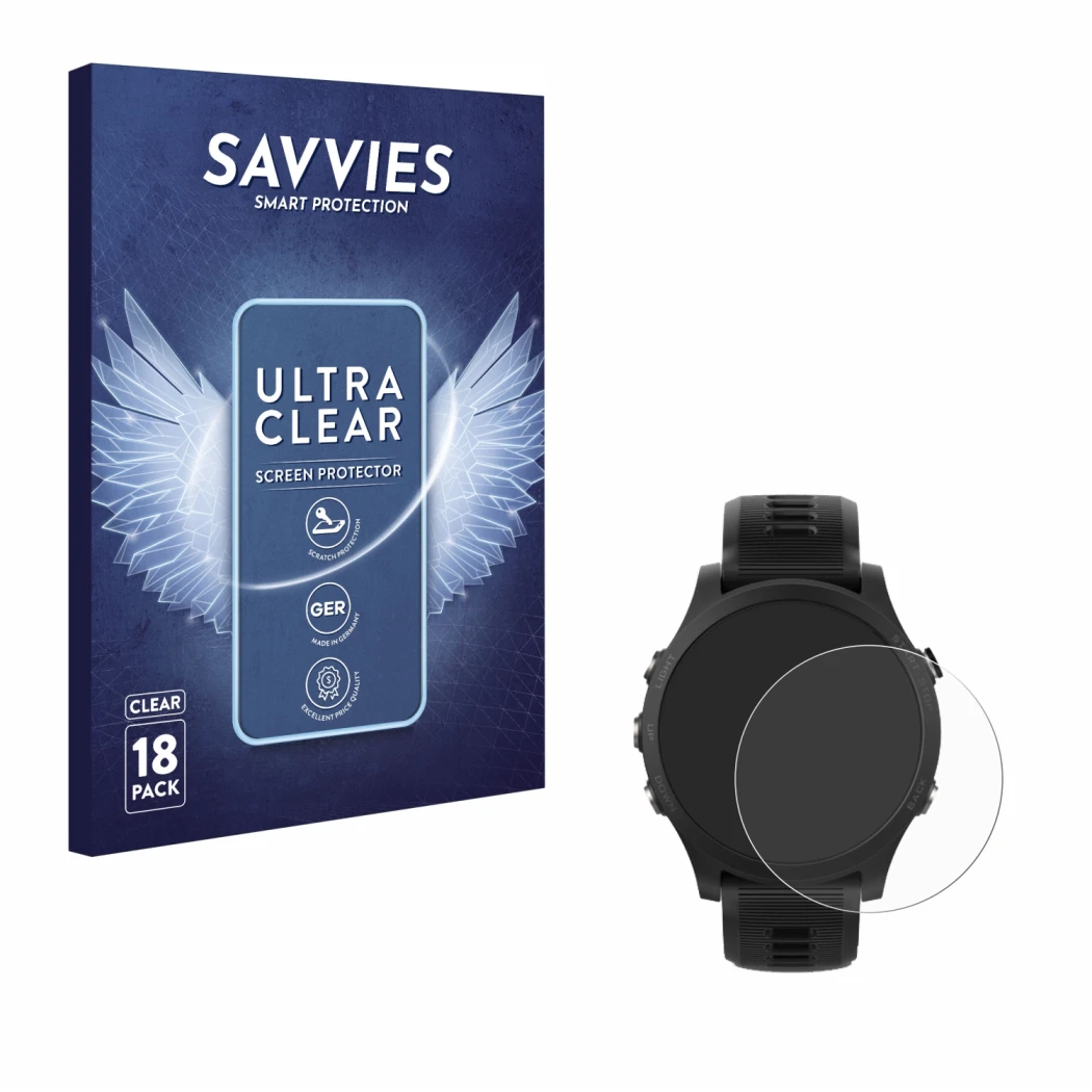Face avant d’un emballage produit avec le logo de la marque Savvies. À côté, l’appareil Garmin Forerunner 935 est représenté a
