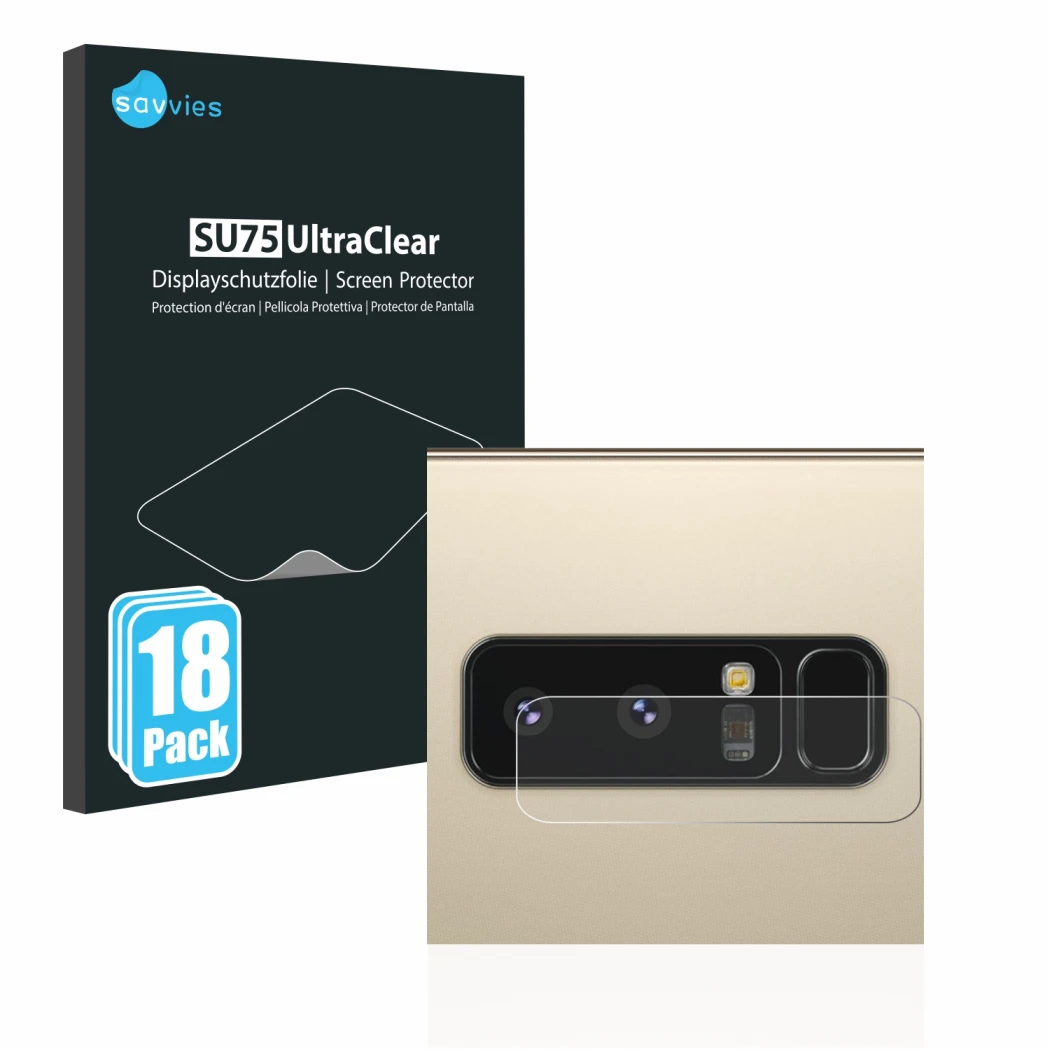 Face avant d’un emballage produit avec le logo de la marque Savvies. À côté, l’appareil Samsung Galaxy Note 8 (Caméra UNIQUEME