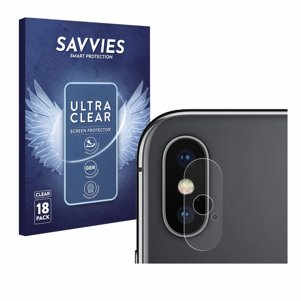 Face avant d’un emballage produit avec le logo de la marque Savvies. À côté, l’appareil Apple iPhone X (Caméra UNIQUEMENT) est