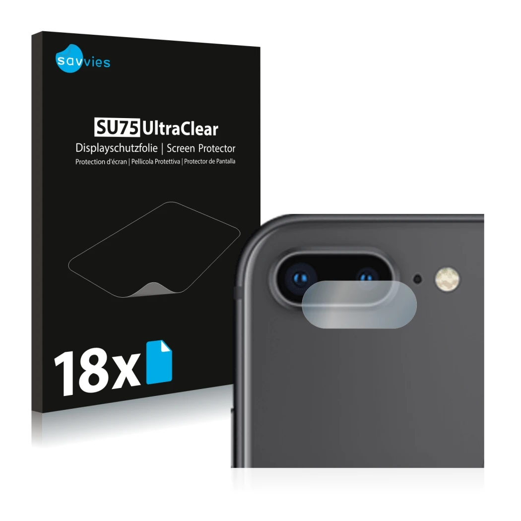 Face avant d’un emballage produit avec le logo de la marque Savvies. À côté, l’appareil Apple iPhone 8 Plus (Caméra UNIQUEMENT