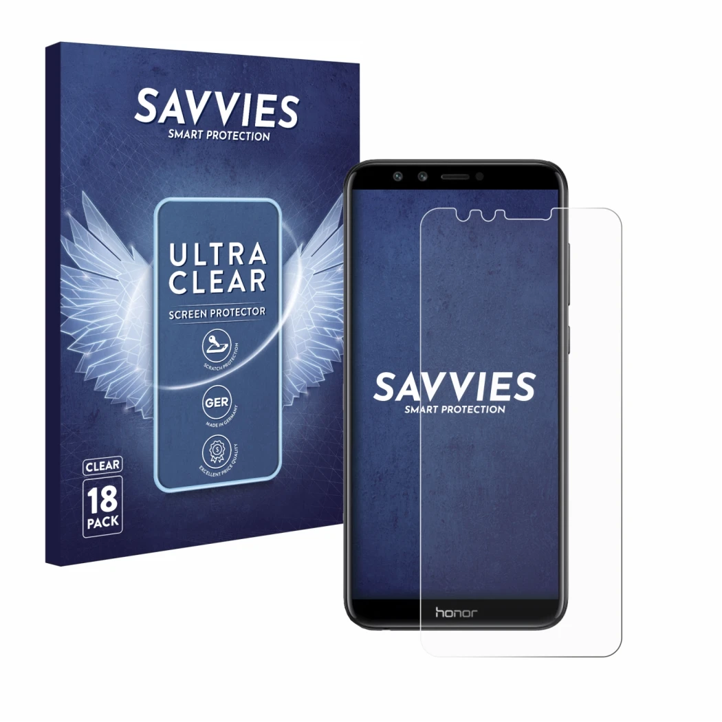 Face avant d’un emballage produit avec le logo de la marque Savvies. À côté, l’appareil Honor 9 Lite est représenté avec la pr