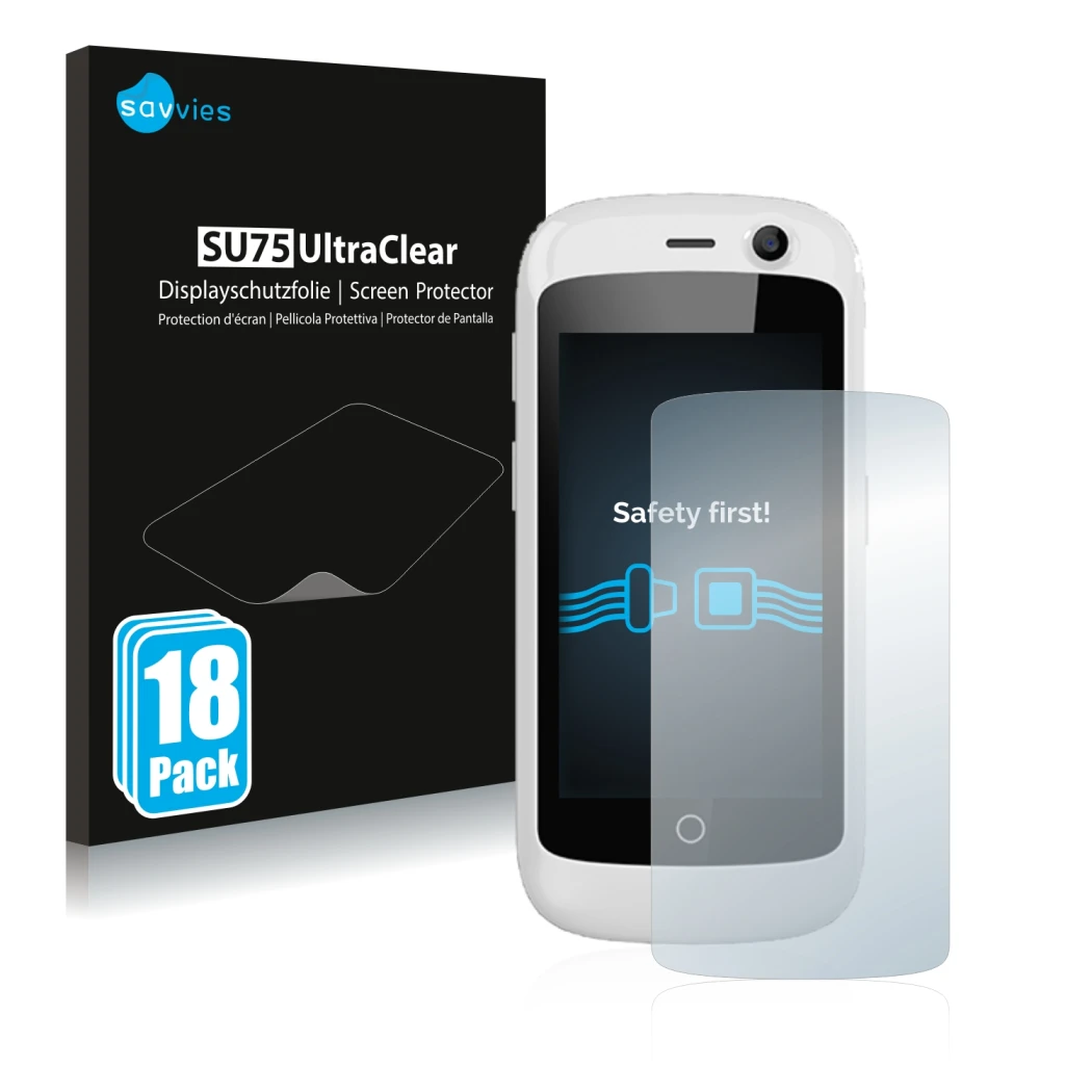 Face avant d’un emballage produit avec le logo de la marque Savvies. À côté, l’appareil Unihertz Jelly Pro est représenté avec