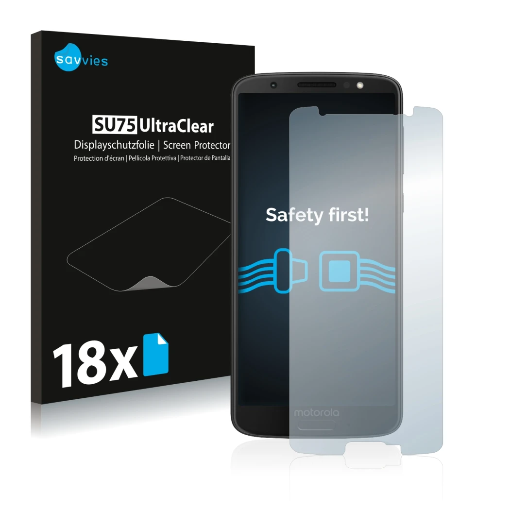 Face avant d’un emballage produit avec le logo de la marque Savvies. À côté, l’appareil Motorola Moto G6 est représenté avec l