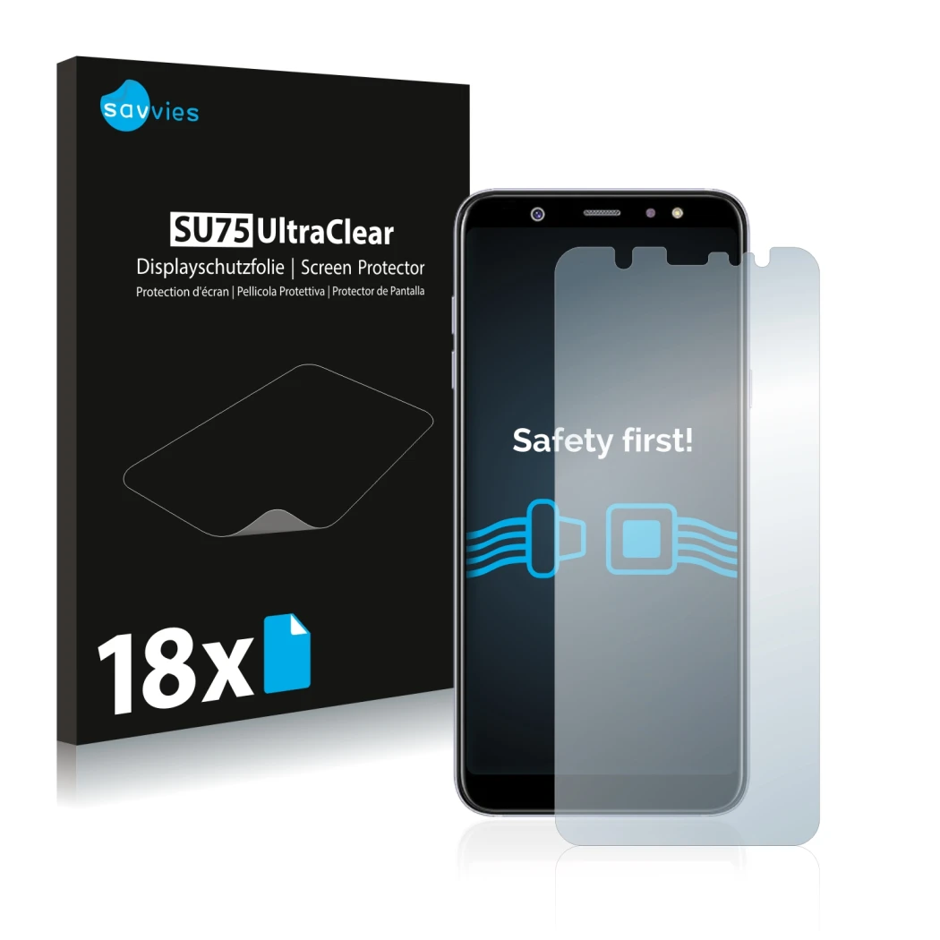 Face avant d’un emballage produit avec le logo de la marque Savvies. À côté, l’appareil Samsung Galaxy A6 Plus 2018 est représ