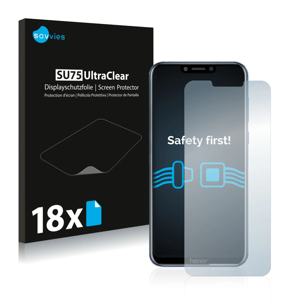 Face avant d’un emballage produit avec le logo de la marque Savvies. À côté, l’appareil Honor Play est représenté avec la prot