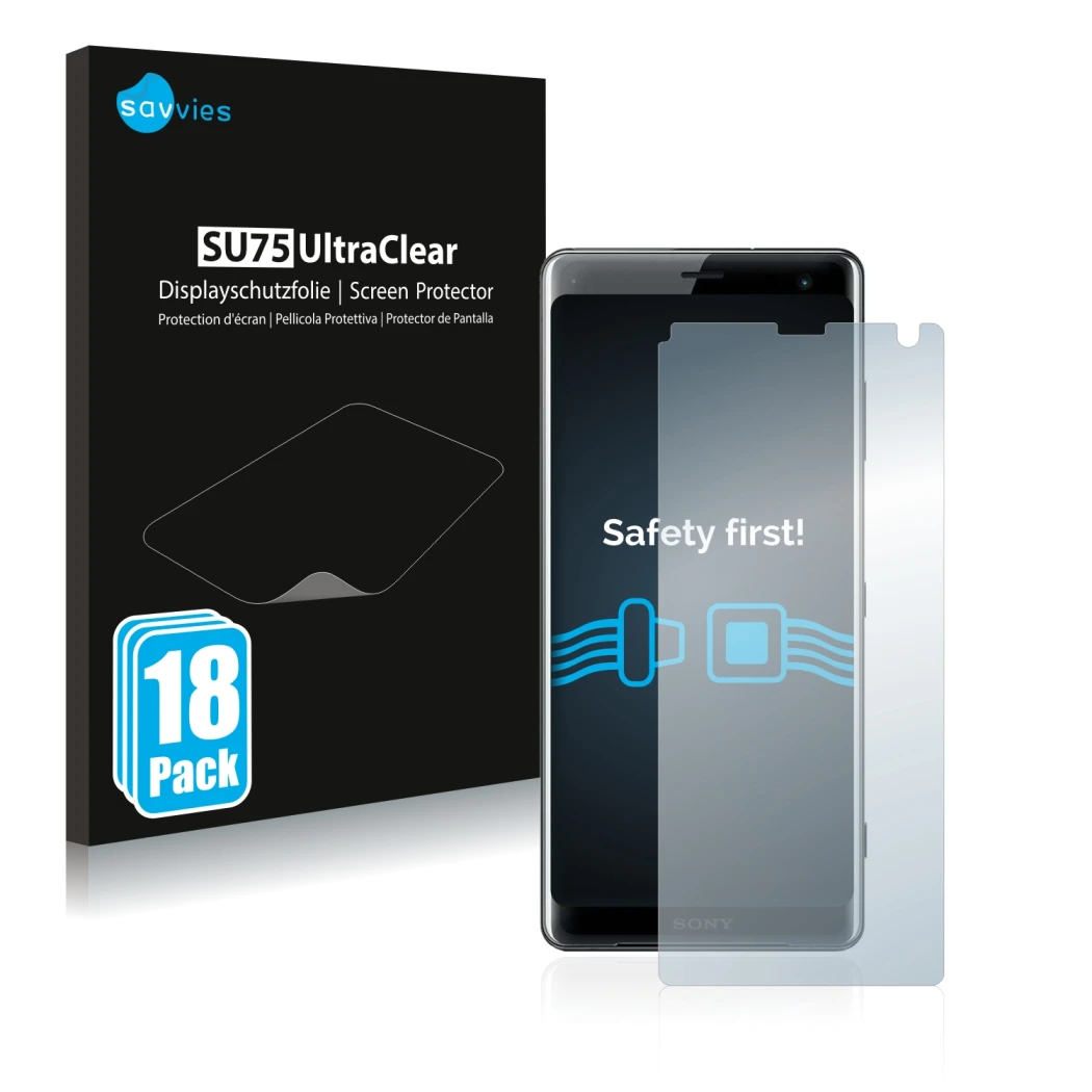 Face avant d’un emballage produit avec le logo de la marque Savvies. À côté, l’appareil Sony Xperia XZ3 est représenté avec la