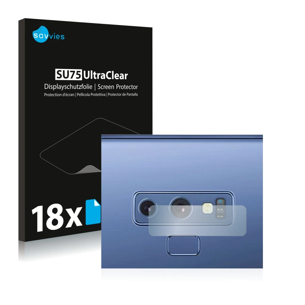 Face avant d’un emballage produit avec le logo de la marque Savvies. À côté, l’appareil Samsung Galaxy Note 9 (Caméra UNIQUEME