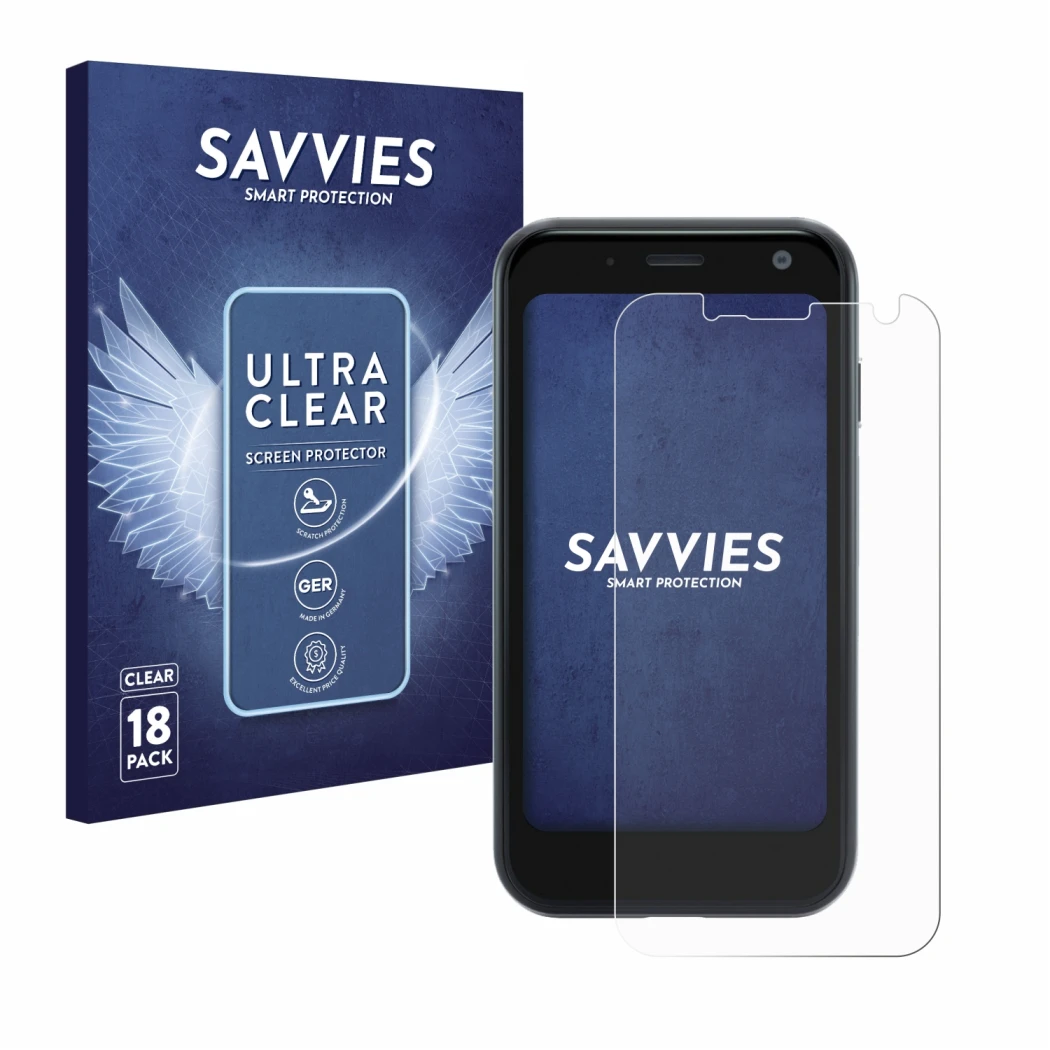 Face avant d’un emballage produit avec le logo de la marque Savvies. À côté, l’appareil Palm Mini Smartphone est représenté av