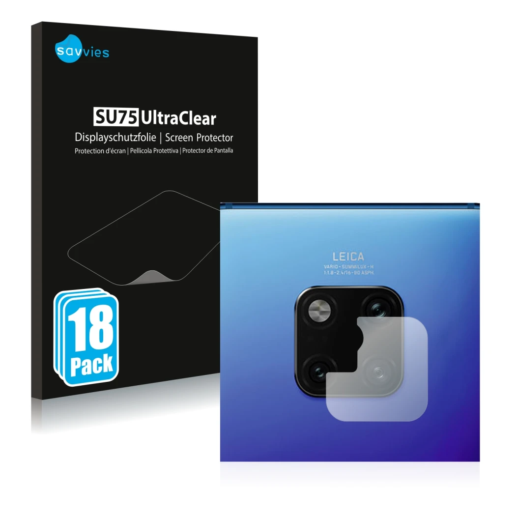 Face avant d’un emballage produit avec le logo de la marque Savvies. À côté, l’appareil Huawei Mate 20 Pro (Caméra UNIQUEMENT)