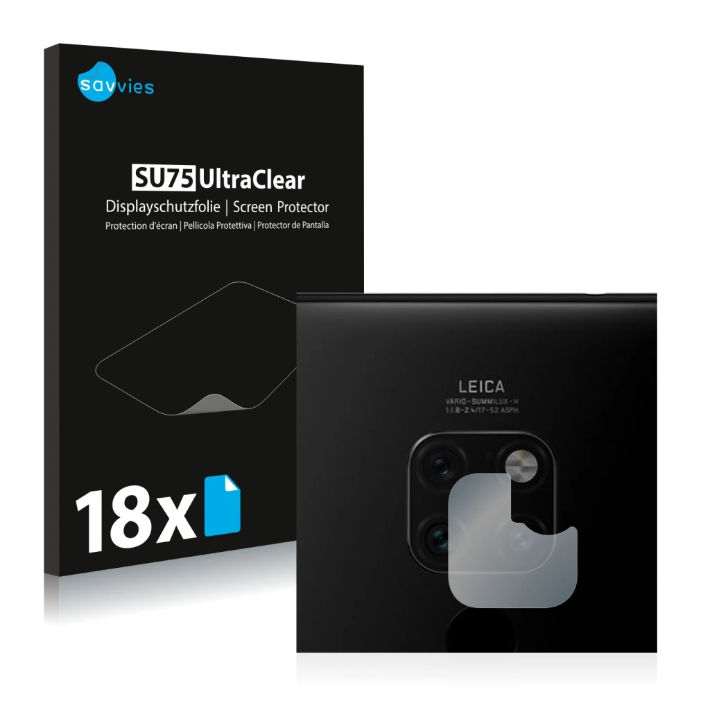 Face avant d’un emballage produit avec le logo de la marque Savvies. À côté, l’appareil Huawei Mate 20 (Caméra UNIQUEMENT) est