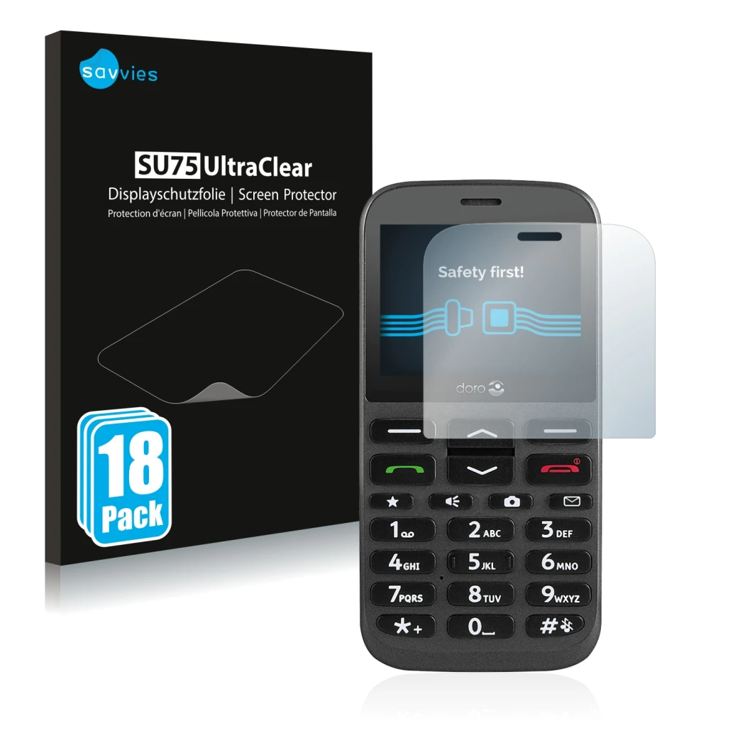 Face avant d’un emballage produit avec le logo de la marque Savvies. À côté, l’appareil Doro 1370 est représenté avec la prote