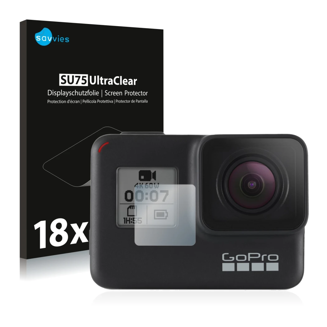 Face avant d’un emballage produit avec le logo de la marque Savvies. À côté, l’appareil GoPro Hero 7 Black (Affichage avant) e