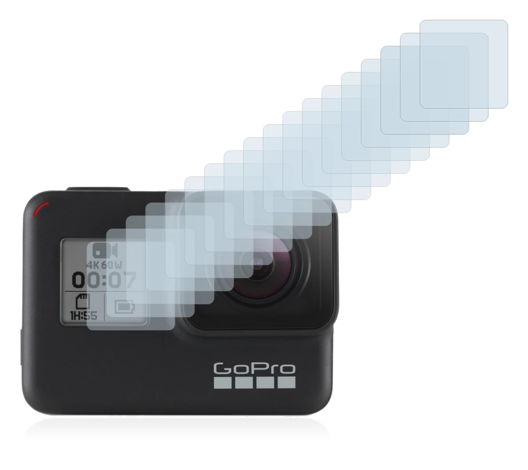 Image de l'appareil GoPro Hero 7 Black (Affichage avant) avec une grande variété de protections d'écran.