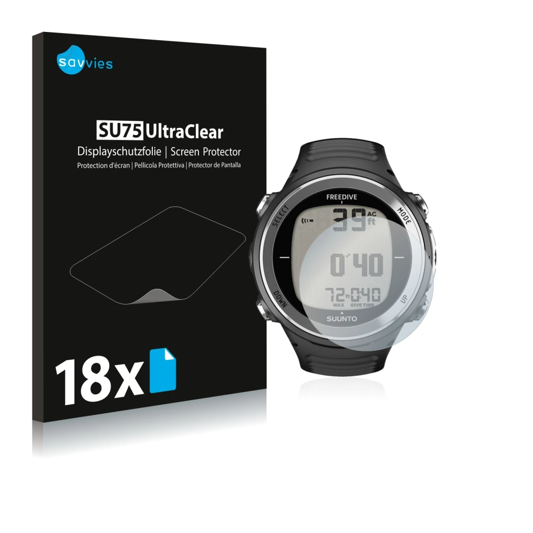 Face avant d’un emballage produit avec le logo de la marque Savvies. À côté, l’appareil Suunto D4F est représenté avec la prot