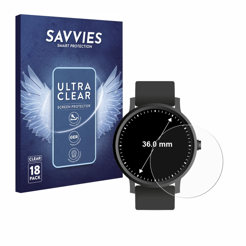 Face avant d’un emballage produit avec le logo de la marque Savvies. À côté, l’appareil Circulaire Displays (ø: 36 mm) est rep