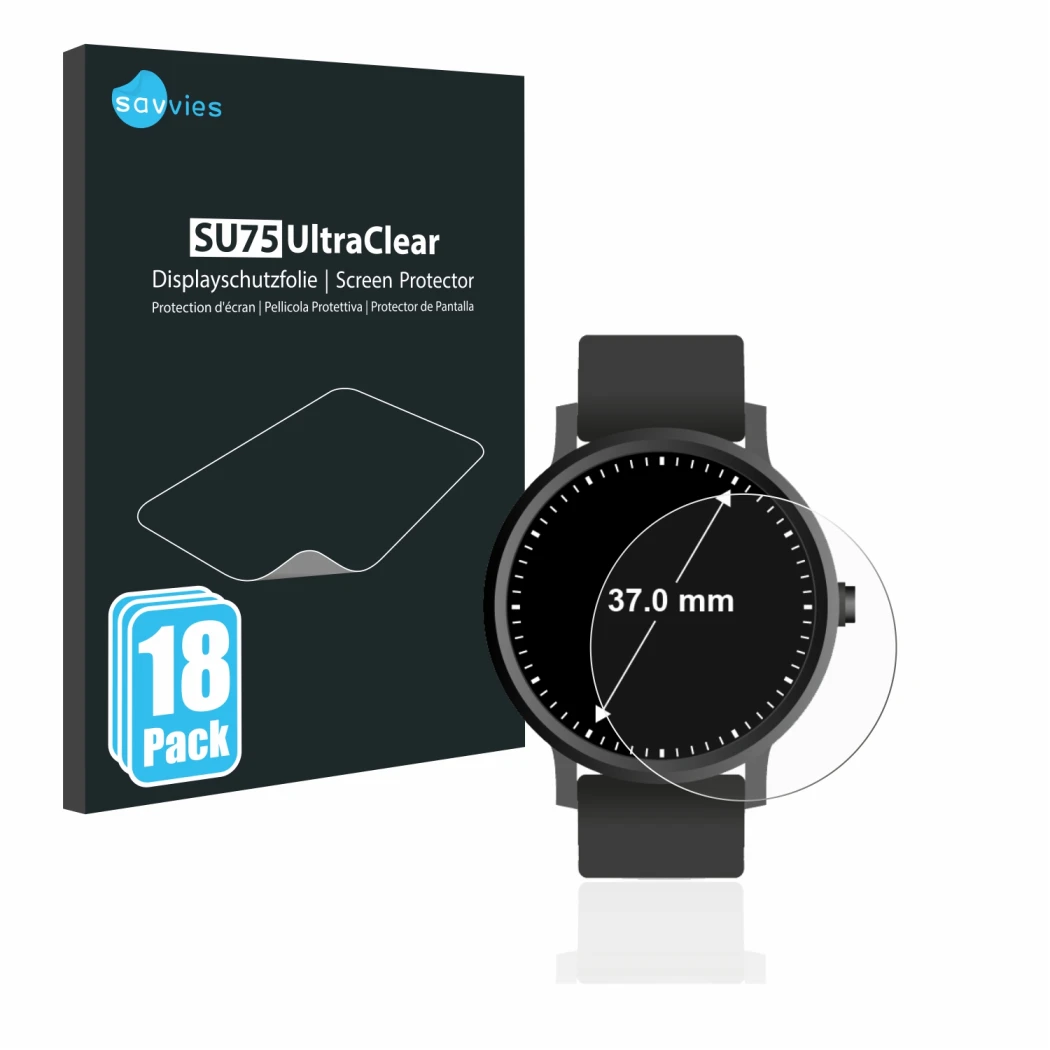 Face avant d’un emballage produit avec le logo de la marque Savvies. À côté, l’appareil Circulaire Displays (ø: 37 mm) est rep