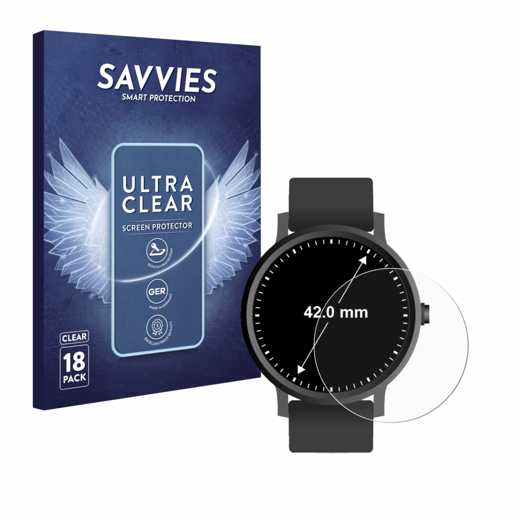 Face avant d’un emballage produit avec le logo de la marque Savvies. À côté, l’appareil Circulaire Displays (ø: 42 mm) est rep