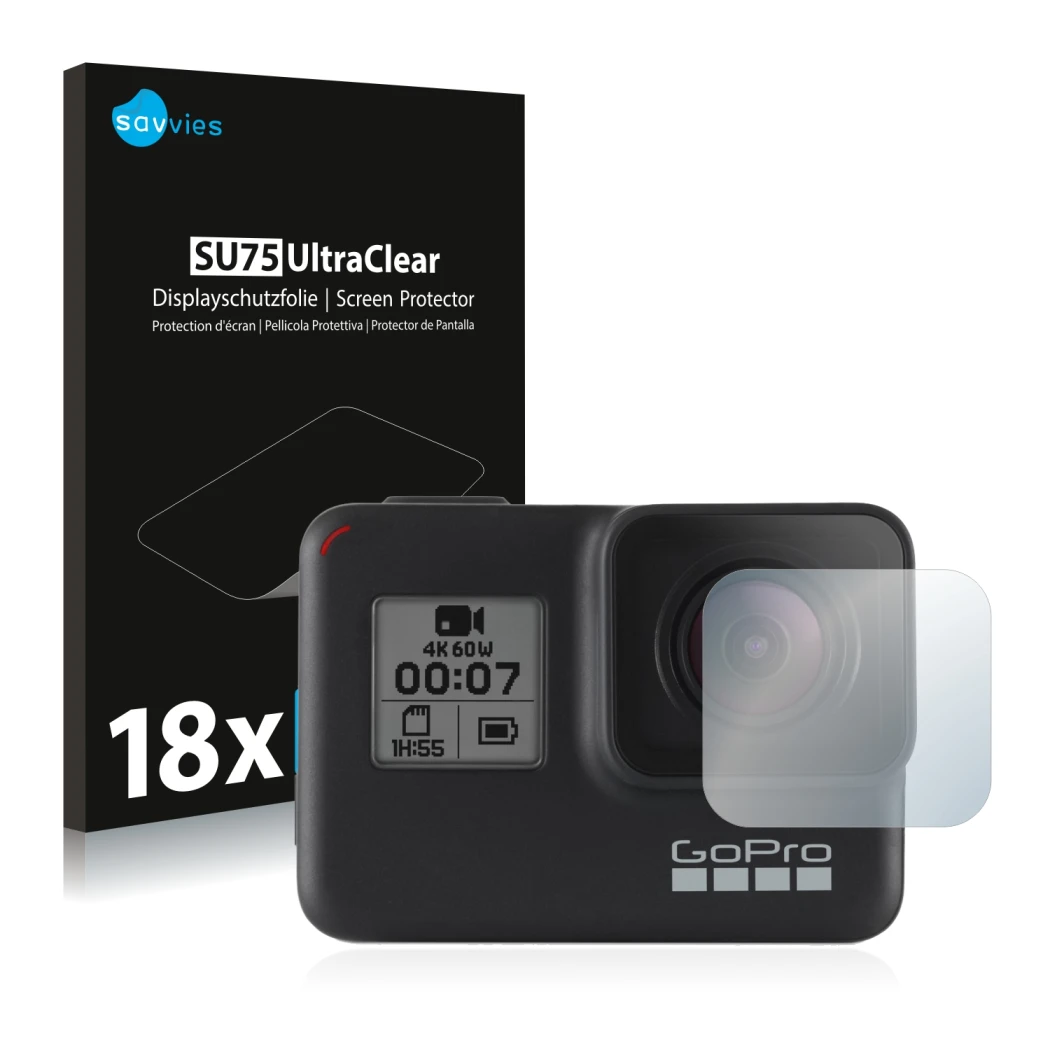 Face avant d’un emballage produit avec le logo de la marque Savvies. À côté, l’appareil GoPro Hero 7 Black (Lentille) est repr