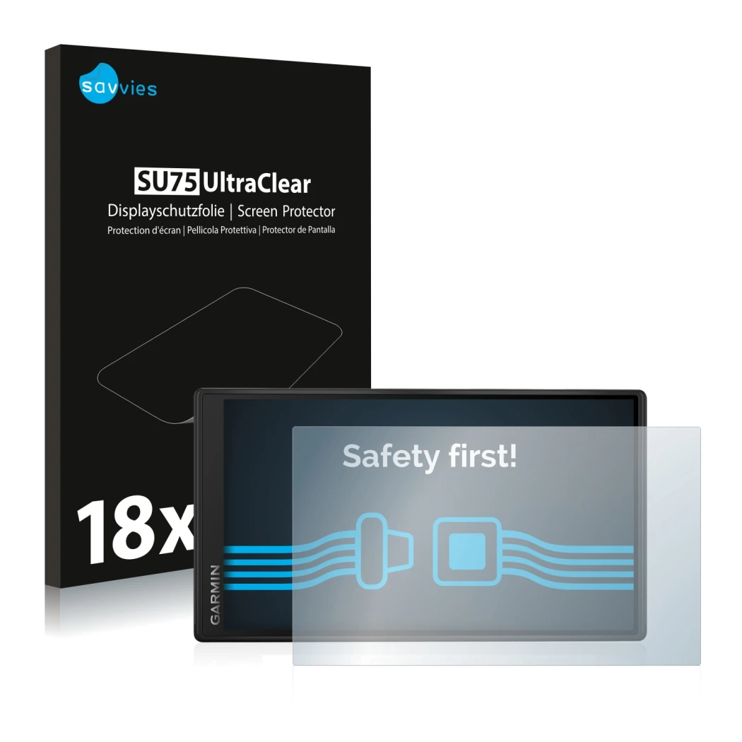 Face avant d’un emballage produit avec le logo de la marque Savvies. À côté, l’appareil Garmin DriveSmart 55 est représenté av