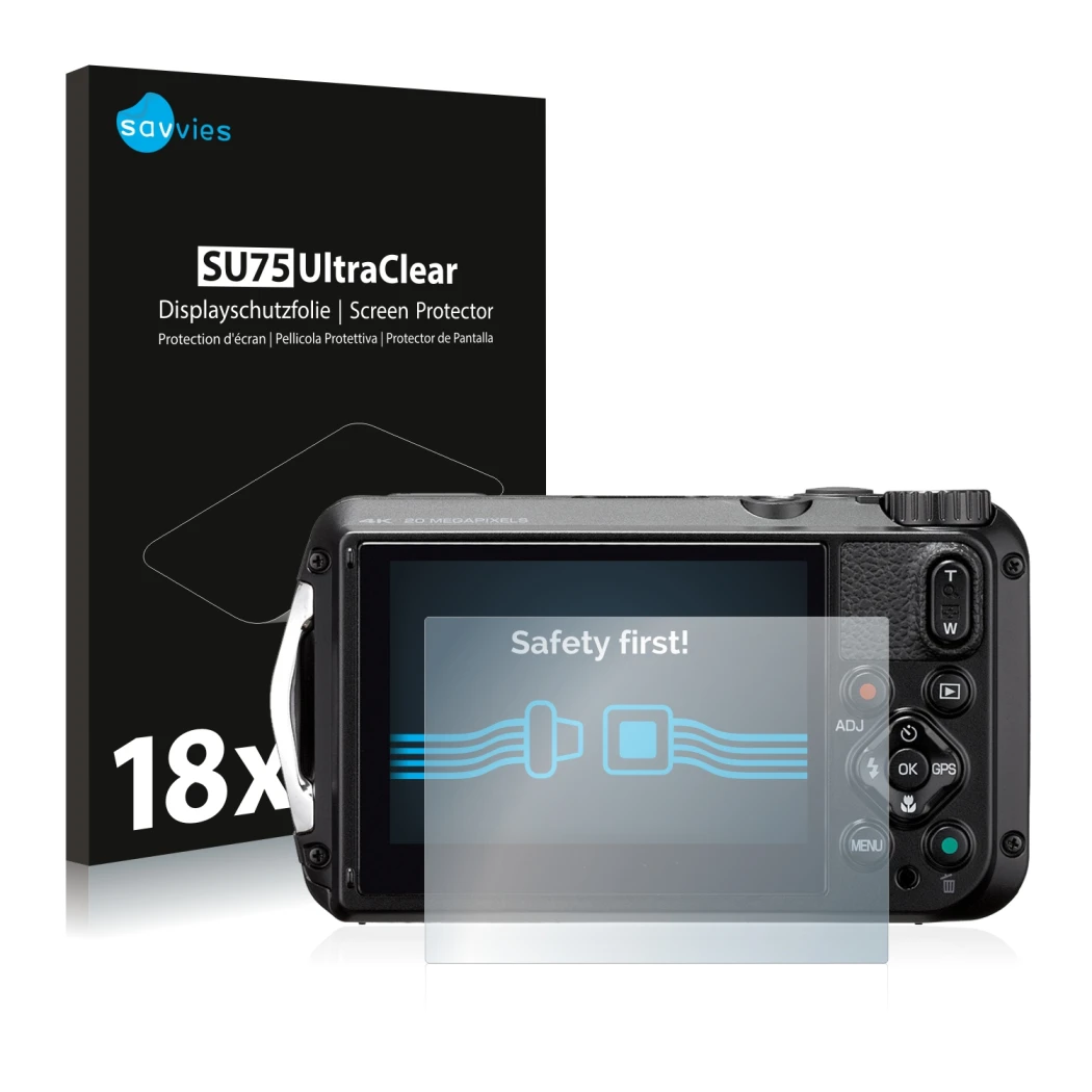 Face avant d’un emballage produit avec le logo de la marque Savvies. À côté, l’appareil Ricoh WG-6 est représenté avec la prot