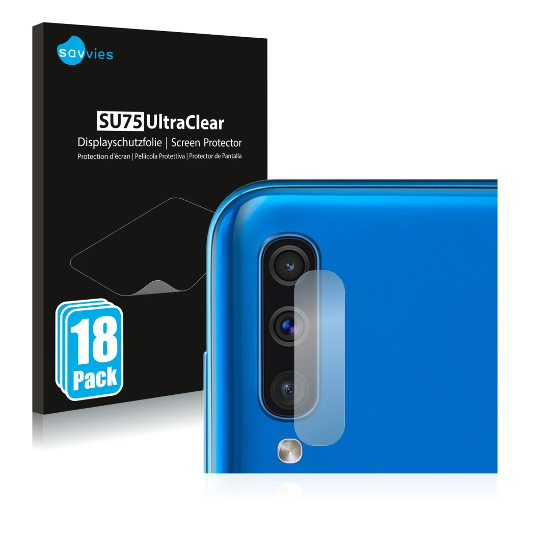 Face avant d’un emballage produit avec le logo de la marque Savvies. À côté, l’appareil Samsung Galaxy A50 (Caméra UNIQUEMENT)