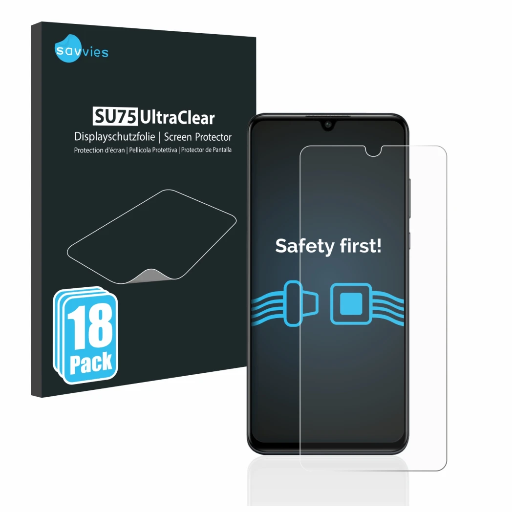 Face avant d’un emballage produit avec le logo de la marque Savvies. À côté, l’appareil Huawei P30 lite est représenté avec la