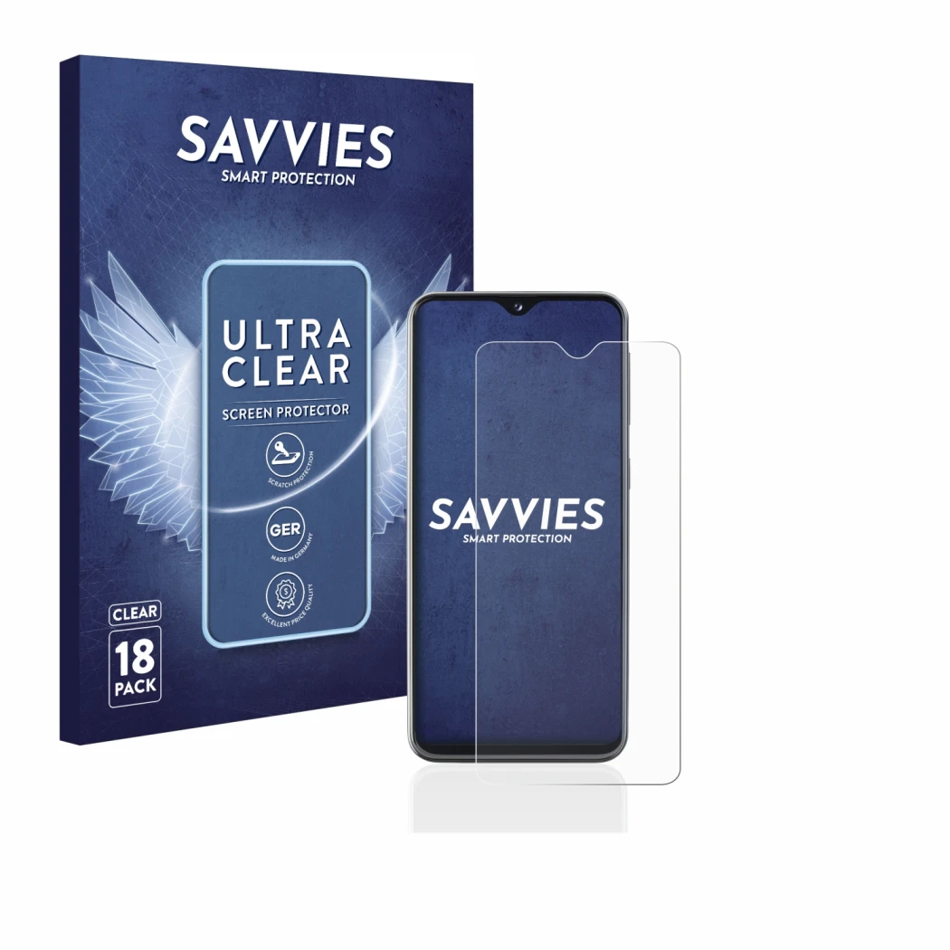 Face avant d’un emballage produit avec le logo de la marque Savvies. À côté, l’appareil Samsung Galaxy A20e est représenté ave