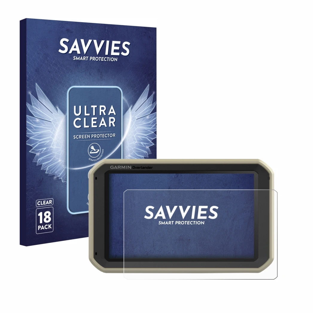 Face avant d’un emballage produit avec le logo de la marque Savvies. À côté, l’appareil Garmin Overlander est représenté avec 