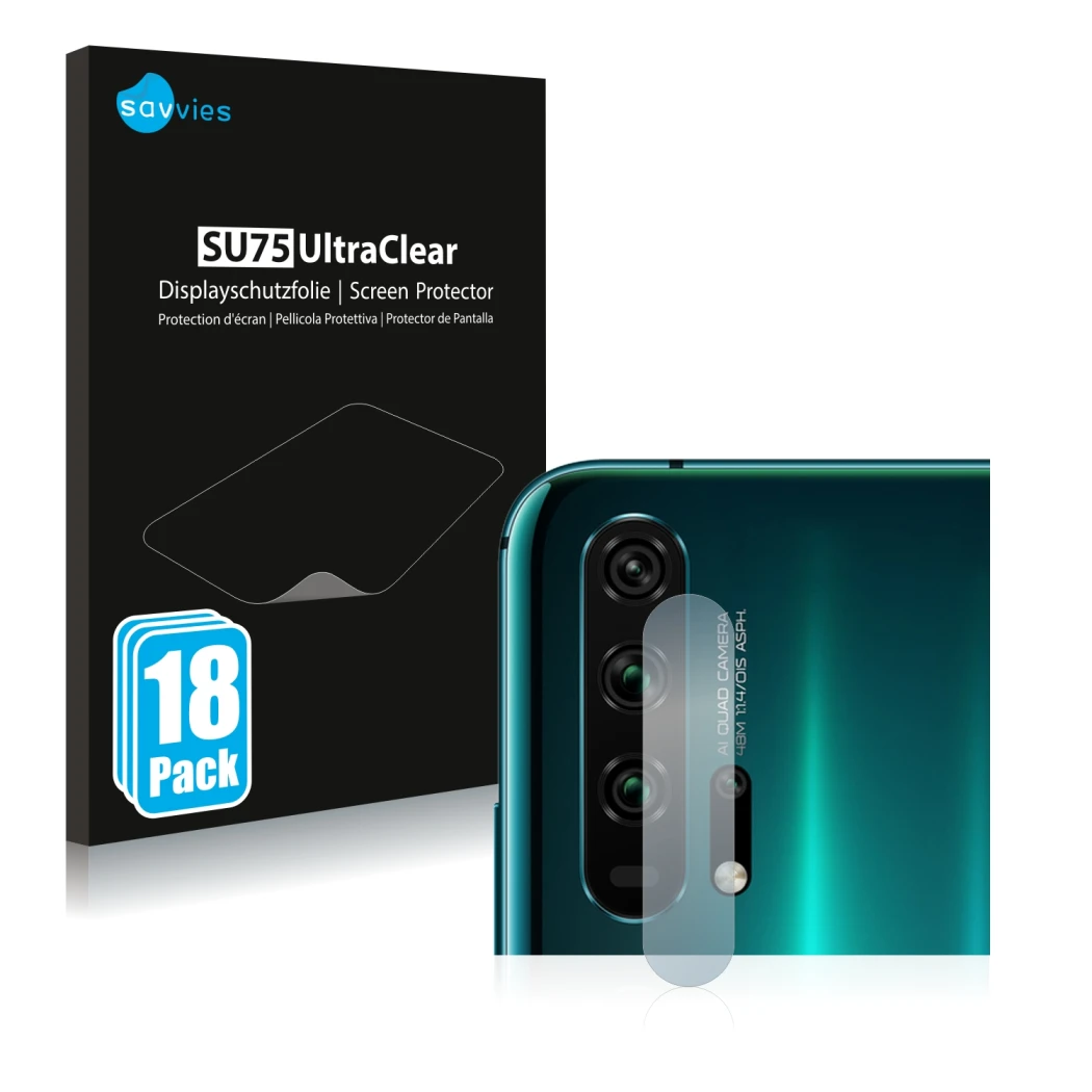 Face avant d’un emballage produit avec le logo de la marque Savvies. À côté, l’appareil Honor 20 Pro (Caméra UNIQUEMENT) est r