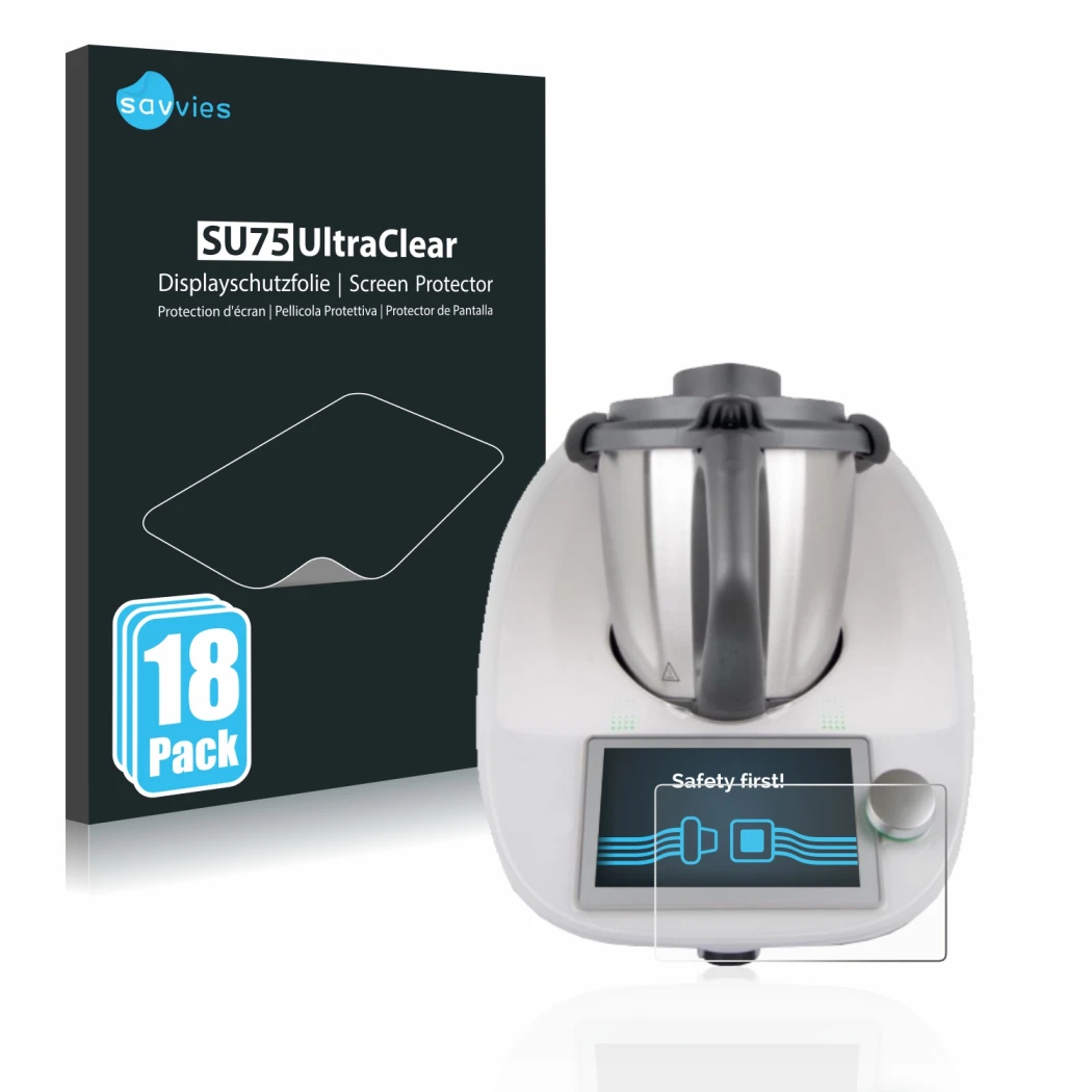 Face avant d’un emballage produit avec le logo de la marque Savvies. À côté, l’appareil Vorwerk Bimby TM6 est représenté avec 