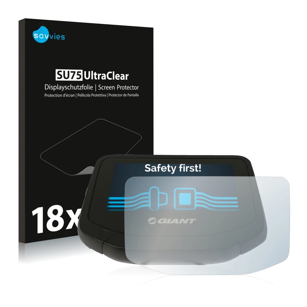 Face avant d’un emballage produit avec le logo de la marque Savvies. À côté, l’appareil Giant RideControl Evo est représenté a