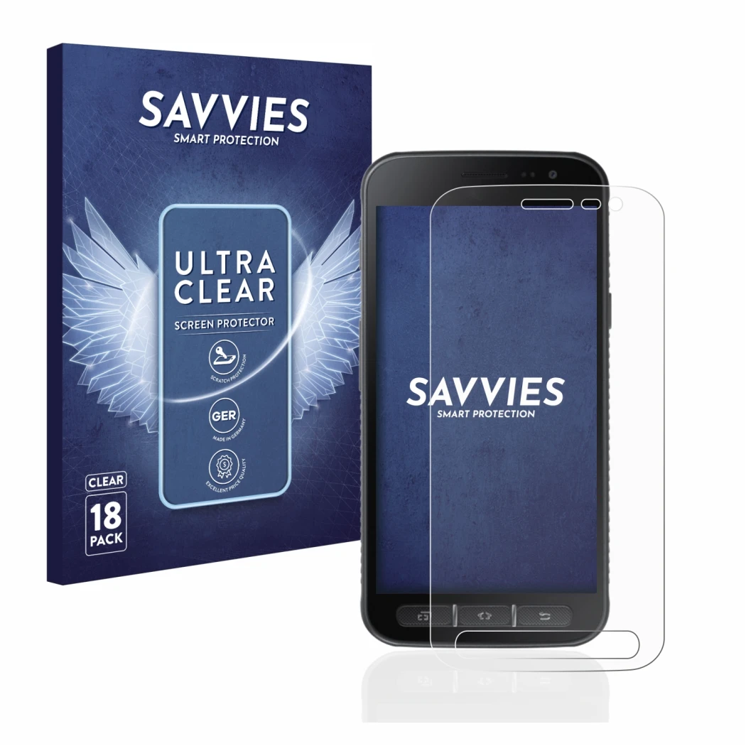 Face avant d’un emballage produit avec le logo de la marque Savvies. À côté, l’appareil Samsung Galaxy XCover 4s est représent